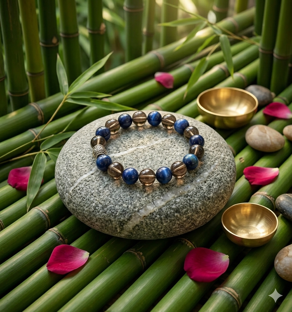 Gemstone bracelet on a stone with bamboo and pink petals